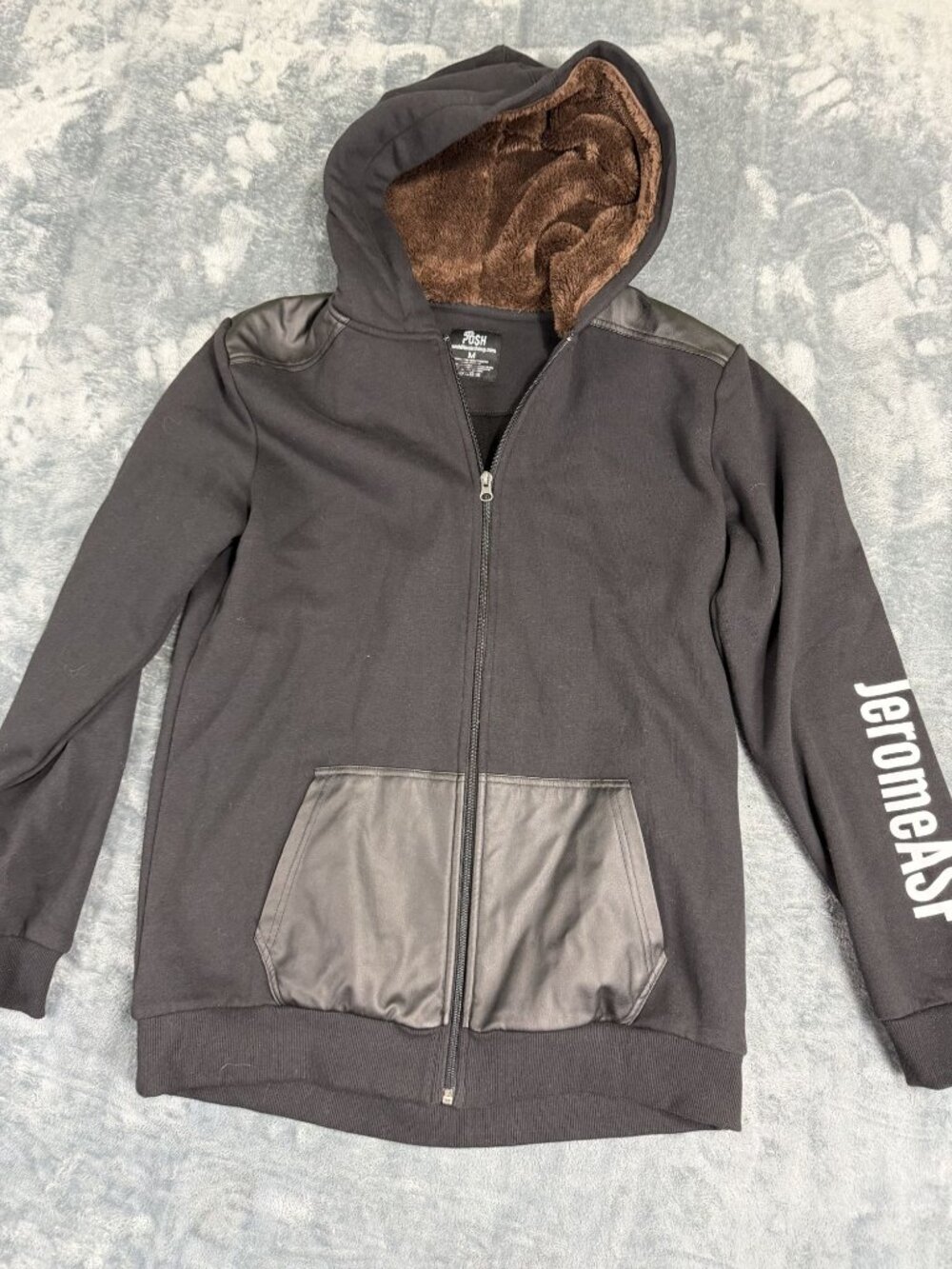 Posh Black Zip-Up Hoodie Faux Fur Lined Faux Leather Trim JeromeASF Size M